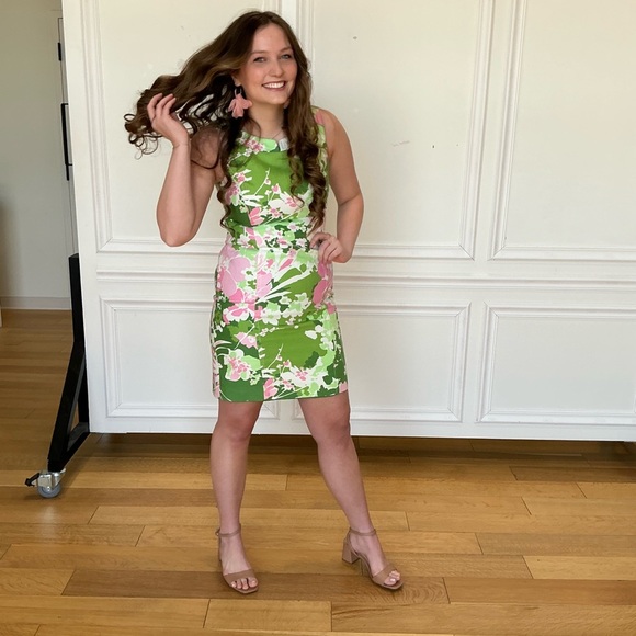 Talbots Green and White Sheath Dress Halter Neckline Sleeveless - Picture 4 of 5